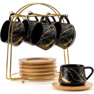 LUKA Ceramic Espresso Cups with Saucers and Metal Stand, Small 4 oz Porcelain Demitasse Cups Set of 6, Cute Cappuccino Coffee Cups for Double Espresso, Tea, Marbling Black