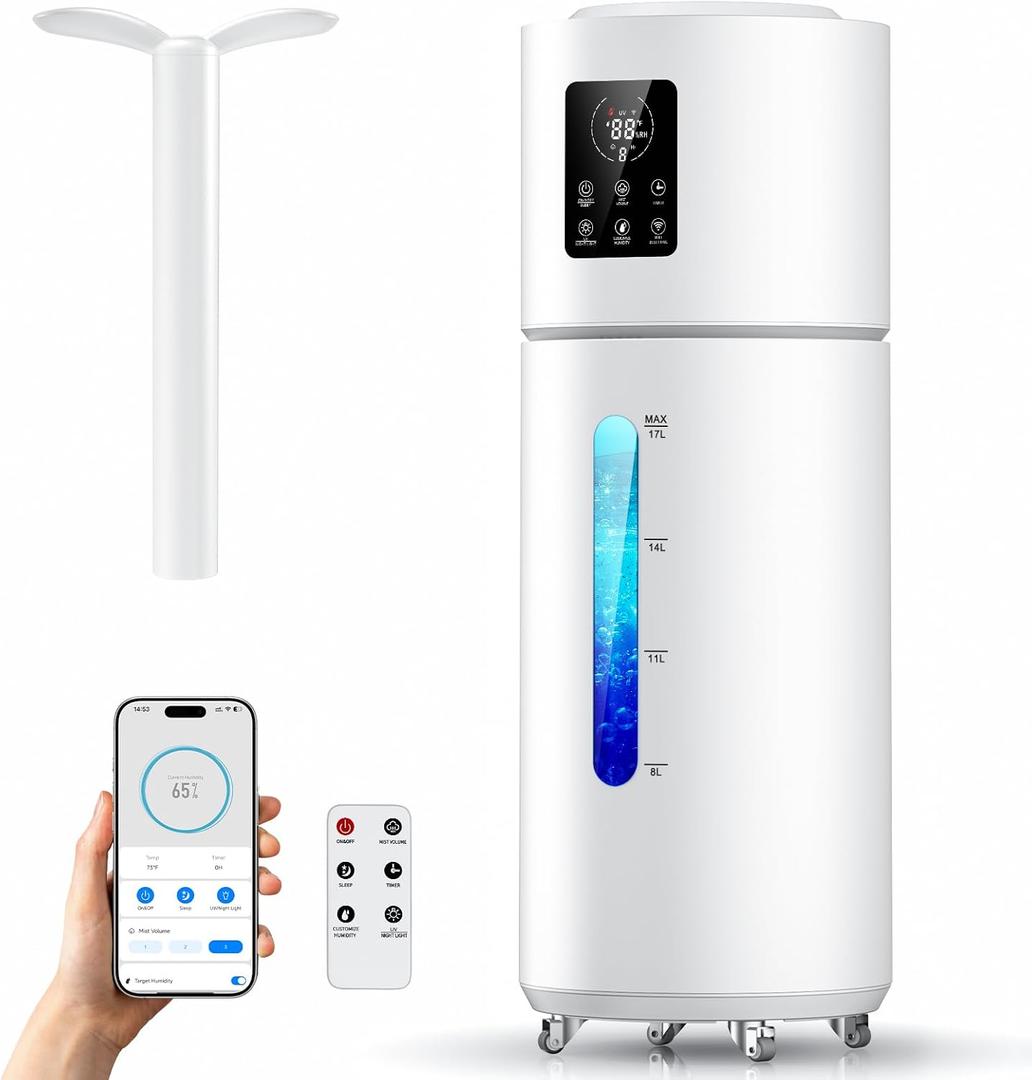 17L/4.5Gal Smart Humidifier Large Room Bedroom up to 1600 sq.ft, 120H Cool Mist Whole House Humidifier with App & Remote, Top-Fill, Aroma Diffuser, 35dB, 8H Timer, Night Light for Home, Office, Plants