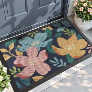 DEXI Front Door Mat Outside Entrance, Spring Welcome Entryway Doormat Dirt Trapper, Heavy Duty Non Slip Entry Mats for Patio Garage Porch Home Decorative, 17x30 Colorful Floral (1'5" x 2'6" (Rectangular))