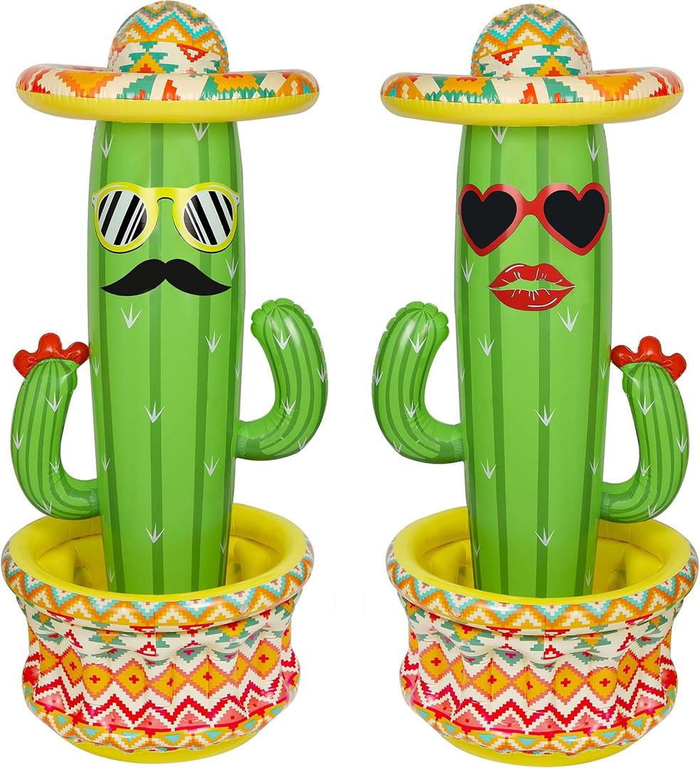 Triumpeek Inflatable Cactus Cooler, 55" Fiesta Cactus Ice Bucket Wearing Sombreros for Summer Swimming Pool Hawaiian Themed Party Supplies