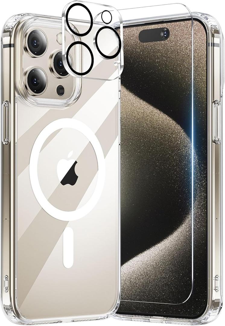 for iPhone 15 Pro Max Case, with 1X Screen Protector + 1X Camera Lens Protector, Compatible with Magsafe [Yellowing Resistant] Military-Grade Protection, Clear Case for iPhone 15 Pro Max