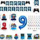 Vlipoeasn 9th Birthday Decorations for Boys, Blue Video Game Level 9 Banner Backdrop Honeycomb Centerpieces Hanging Swirls for 9th Birthday Party, Gamer 9 Years Old Party Supplies