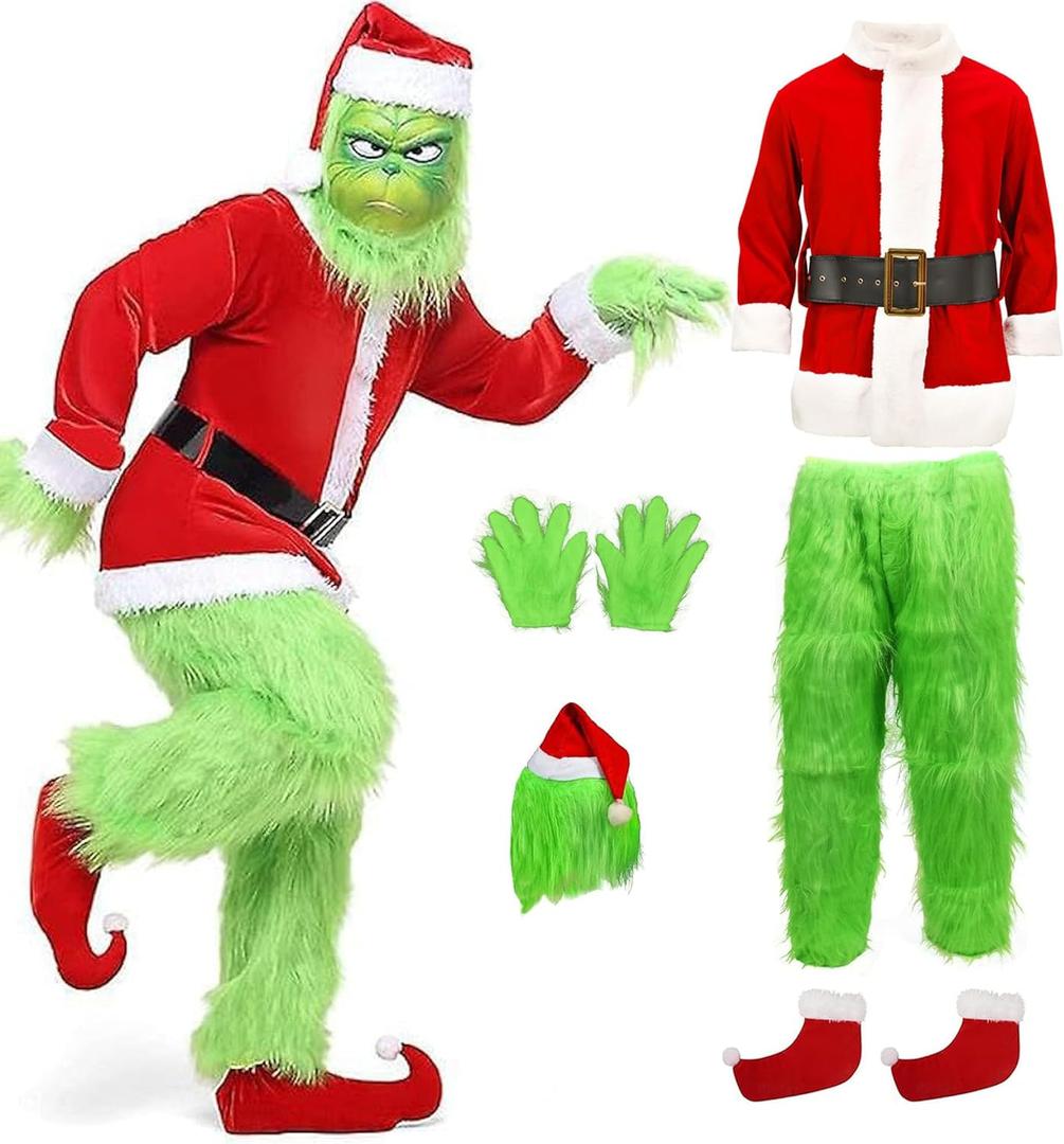Christmas Costume Adults Men Santa Claus Suit 7PCS Deluxe Professional Furry Xmas for Adult Set