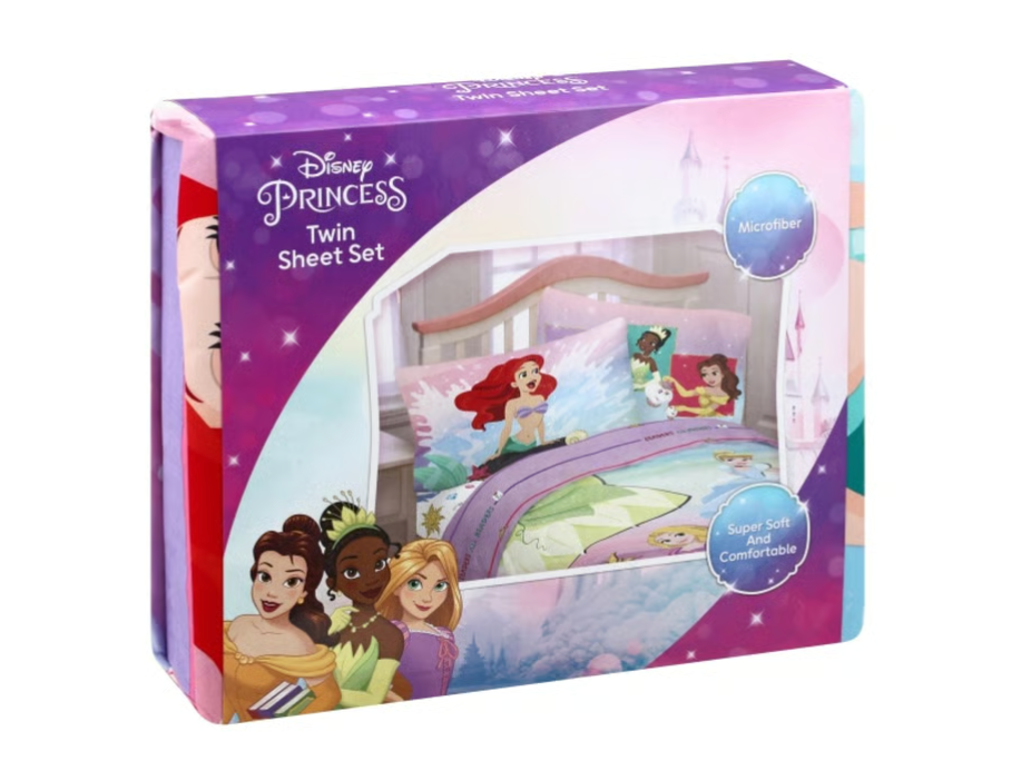 Disney Princess Microfiber Sheet Twin Set One Twin Fitted Sheet - Finished Size 39 inches x 75 inches. One Twin Flat Sheet - Finished Size 66 inches x 96 inches. One Standard Size Pillowcase for 20 inches x 26 inches Pillow Finished Size 20 inches x 30 inches.