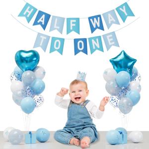 Half Way To One Baby Boy,Soft pale blue boy 1/2 birthday balloon party decoration, Half Way To One BannerStar Heart Foil Balloons Banner Set