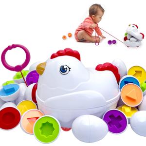 Easter Matching Eggs Toddler Toy with Push & Pull Chicken Box, 12 Pcs Montessori Sorter Learning Educational Toy, Multiple Shapes and Colors Fine Motor Skills Sensory Toy, Gift for Boys Girls