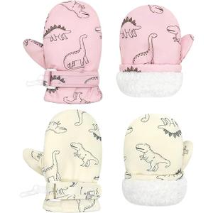 Toddler Mittens Waterproof Toddler Gloves Kids Snow Gloves Baby Winter Mittens Warm Fleece (Dinosaur Pink & Dinosaur White, S, 6-24months)
