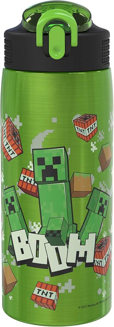 Zak Designs Minecraft Water Bottle for Travel and At Home, 19 oz Vacuum Insulated Stainless Steel with Locking Spout Cover, Built-In Carrying Loop, Leak-Proof Design (Creeper)