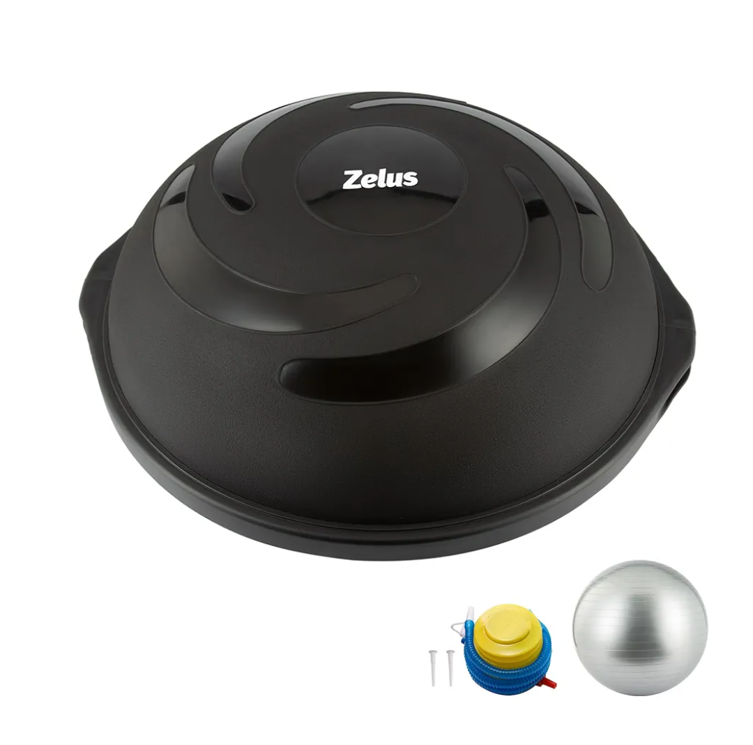 ZELUS 25in. Balance Ball | 660lb Inflatable Half Exercise Ball Wobble Board Balance Trainer w Nonslip Base | Half Yoga Ball Strength Training Equipment w 2 Bands, Pump, Extra Ball Included