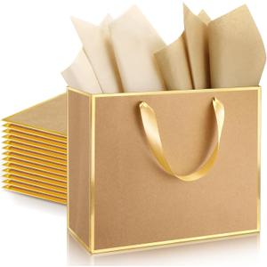 ReliThick 12 Pack Metallic Paper Gift Bag with Handles and Tissue Paper 11.8 x 10 x 4'' Thank You Favor Bag for St. Patrick's Day Wedding Bridesmaid Groomsman 5 Senses Gifts (Kraft,Gold)