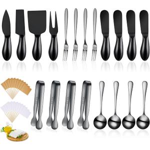 Patelai Charcuterie Board Accessories Cheese Spreader Knife Set Charcuterie Utensils Butter Knife Stainless Steel Mini Serving Tongs Spoons Appetizer Forks for Pastry Christmas(Black,20 Pieces)
