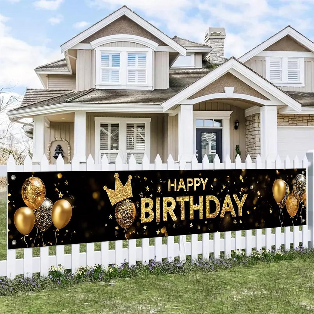 Happy Birthday Long Banner 118x20 Inch Black Gold Crown Theme Party Backdrops Decoration Balloons Confetti Polyester Fabric Large Event Supplies For Girls or boys gifts