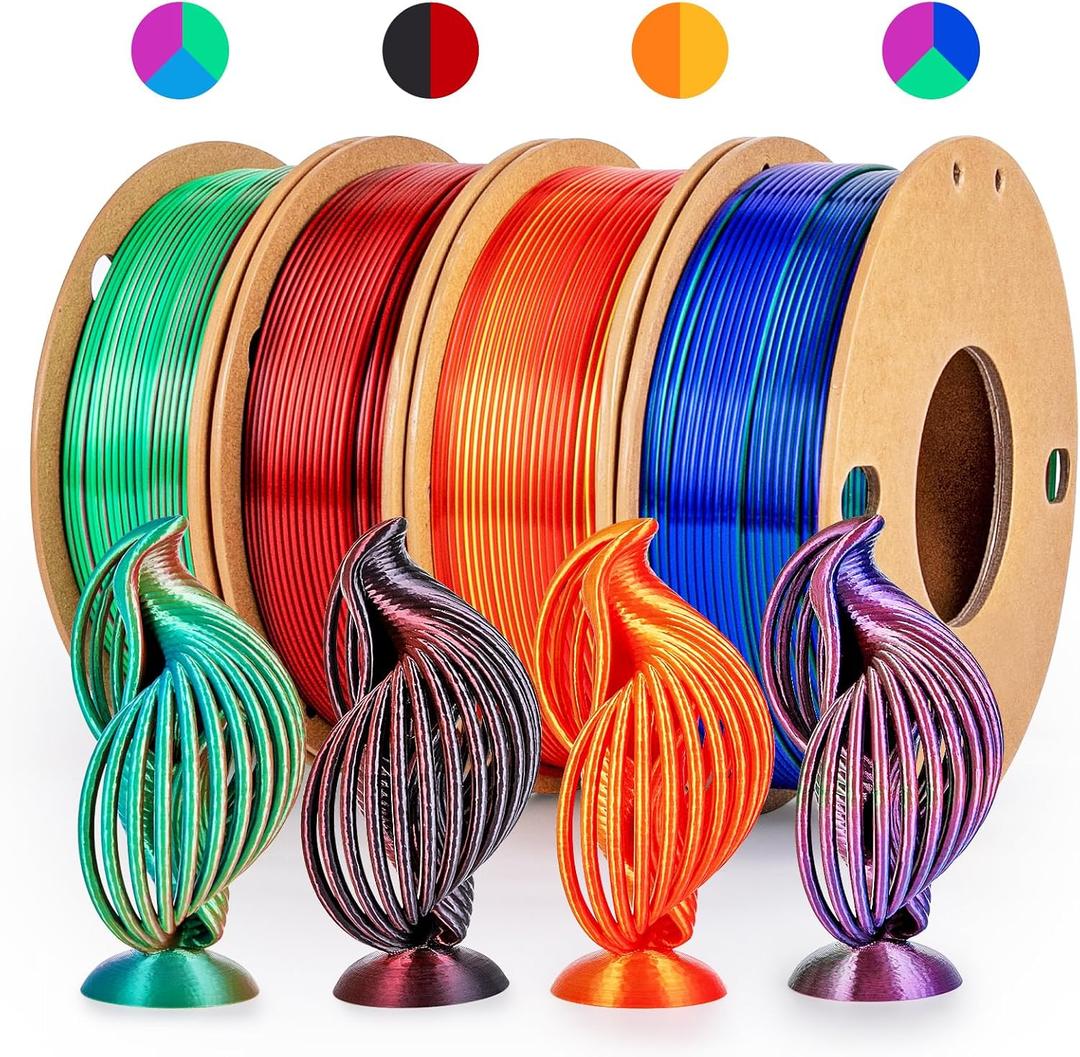 Silk 3D Printing Filament PLA+ Tricolor and Dual Color 4-Pack Bundle - 1.75mm 3D Printing PLA Pro 250g x 4 Spools, Rose Red&Sky Blue&Green, Rose Red&Dark Blue&Green, Gold&Red, Black&Red