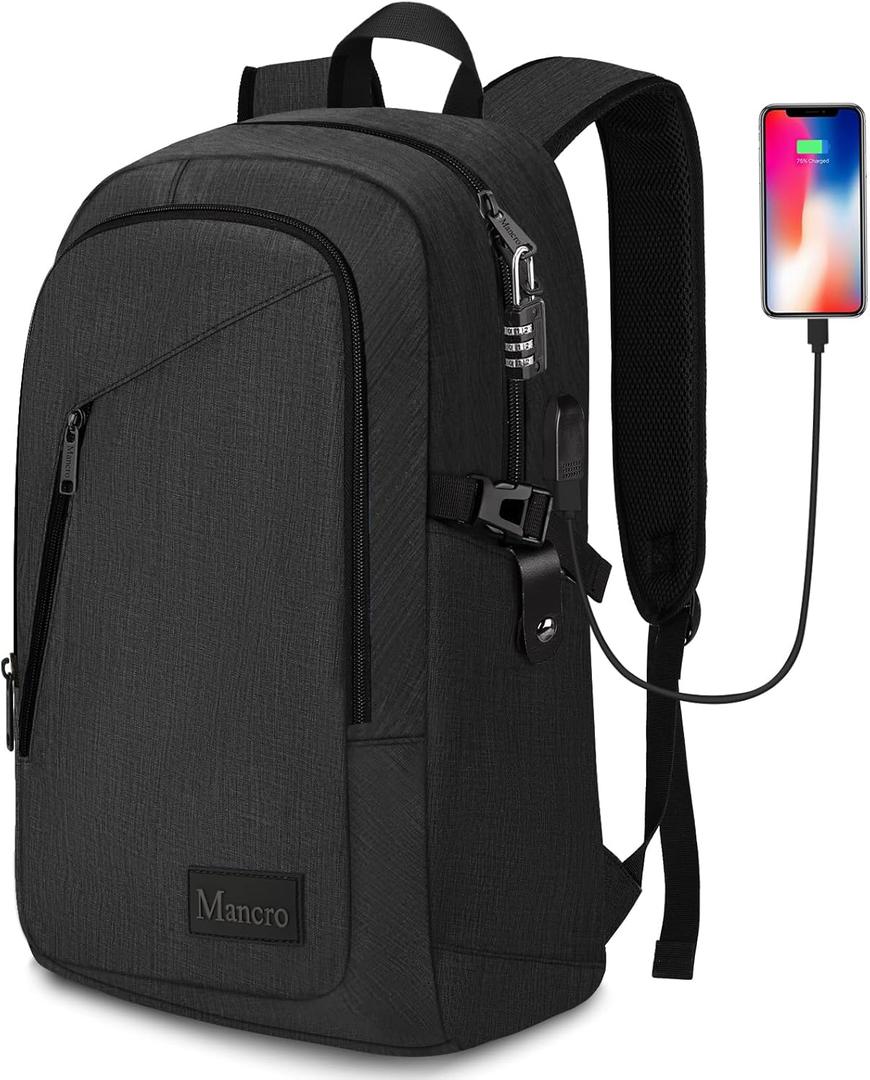 Mancro Business Travel Laptop Backpack, Anti Theft Slim Laptop Bag with USB Charging Port for Men and Women, Water Resistant Computer Bag Fits 15.6 Inch Laptop and Notebook (Black)