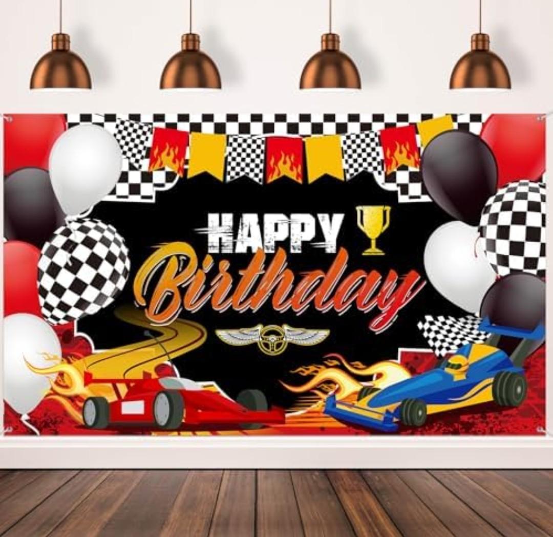 Car Racing Happy Birthday Backdrop - Car Themed Party Decorations, Photo Background, Party Supplies for Birthday Photography Decor, 72.8 x 43.3 Inches, 2 Pack