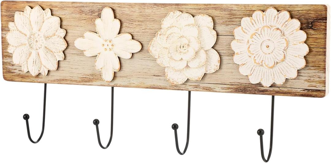 Wood Floral Coat Rack with 4 Hooks Vintage White Flower Wall Mounted Coat Hooks Decor Rustic Theme for Home Entryway Bathroom Hats Keys Towels