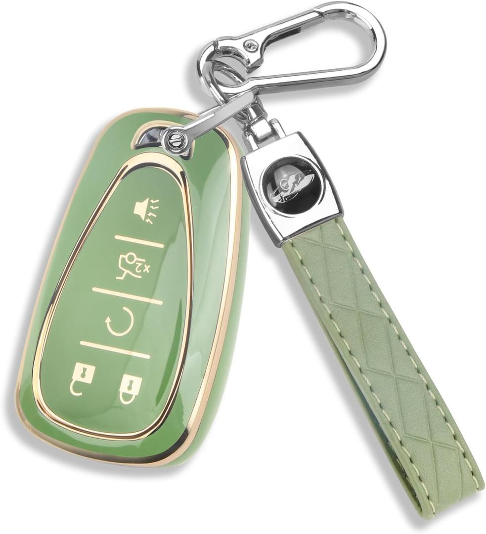 QBUC for Chevy Key Fob Cover with Leather Keychain Soft TPU Protection Case Compatible with 2016-2026 Chevy Malibu Blazer Traverse Equinox Trailblazer 5-Buttons(Gold Trim Green)