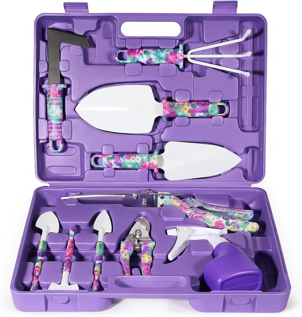 Gardening Gifts for Women, Gardening Tools for Mom Grandma Wife, 10 Pcs Garden Supplies mit Protable Case, Ergonomic Handle Trowel Rake Weeder Pruner Shears Sprayer Present Purple