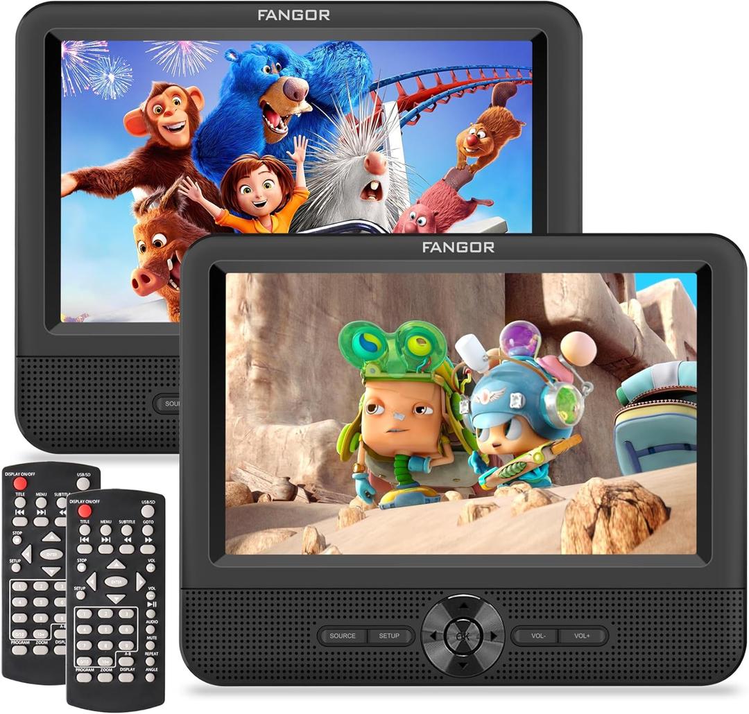 FANGOR 7.5 Inch Dual Portable DVD Player for Car, Car DVD Player Dual Screen Play a Same or Two Different Movies with Headrest Strap, Support Last Memory, AV Out/in, USB/SD Card, All Regions