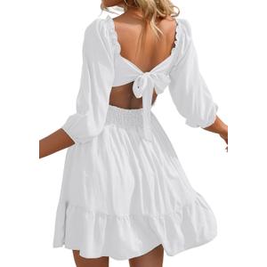 Phortric Womens Summer Tie Back Dress Square Neck Lantern Sleeve Off Shoulder A-Line Casual Mini Dresses (Medium)