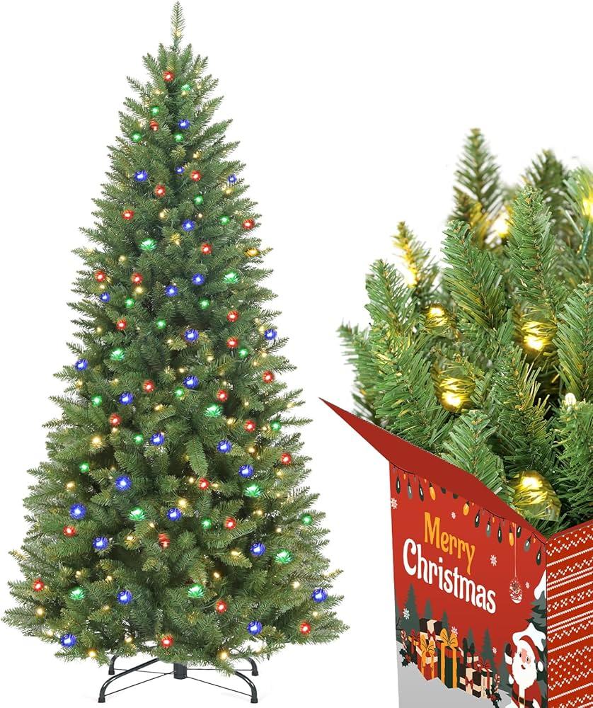 Christmas Tree with Slim Design,Prelit Christmas Tree with 710 Realistic Branch Tips and White Tree Skirt,Artificial Christmas Tree with Light,Easy to Set, 6ft Pencil Christmas Tree
