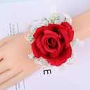 MAFELOE 2 Pieces Party Prom Homecoming Artificial Rose Wrist Corsage and Boutonniere Set, Groom Groomsmen Bride Bridesmaids Wedding Simulation Flowers Accessories Suit Decorations - Red