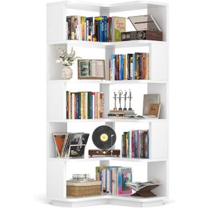 Armocity Corner Book Shelf - 6-Shelf Corner Bookshelf Etagere Bookcase with Baffle, Freestanding L Shaped Display Shelf Stand for Home Office, Living Room, Bedroom, Kitchen, White, 6-tier