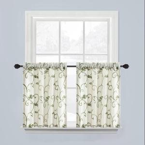 VOGOL 30 Inch Length Linen Kitchen Curtains, Green Vines Embroidered Botanical Tier Curtain Set, Light Filtering Tier Curtains for Bathroom Basement Cafe, Rod Pocket, 2 Panels