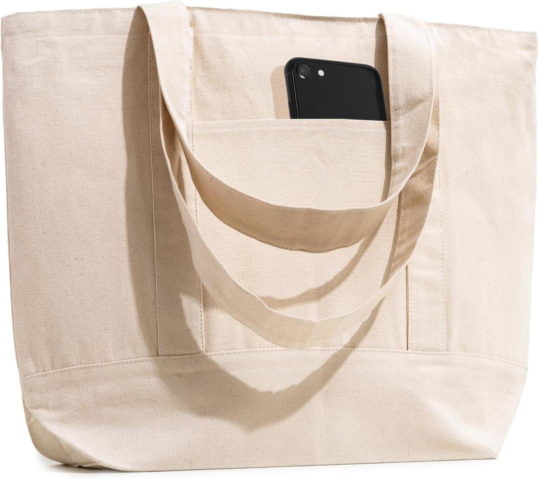 Carrywell |Not Made in China| 3 Pack Canvas Tote Bags W/Zipper Closure and Front Pocket, Heavy Duty Organic Cotton, Blank Reusable Shopping Bags (Natural)