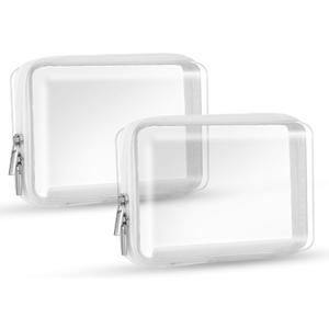 2 Pcs Clear Hard Zipper Pouch, Hard PC Plastic Cosmetic Travel Bag, Portable Organizer Bins, Durable Makeup Bags for Storage, Pencil Case, Carry-on Travel (White Zipper)