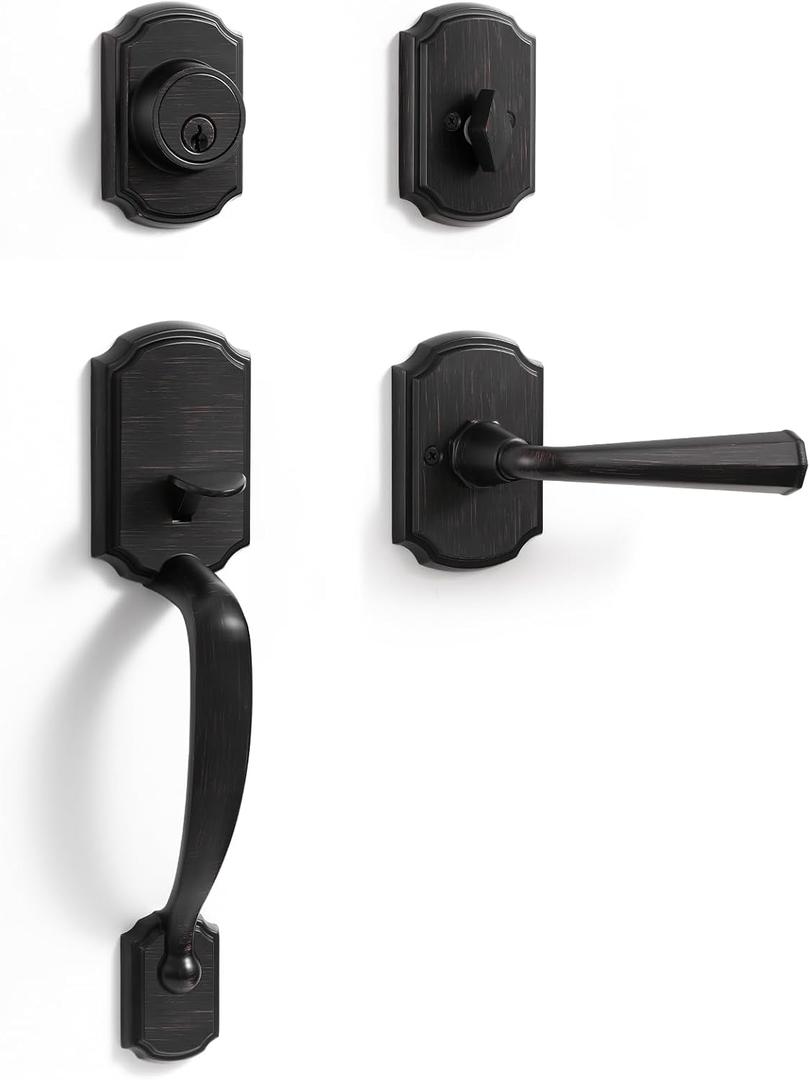 1 Pack Oil Rubbed Bronze Front Door Handle and Deadbolt Set Reversible Lever Entry Handleset with Lock and Key Single Cylinder