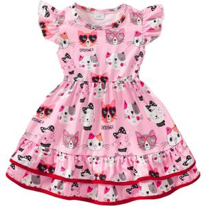 Toddler Little Girl Summer Dresses Kids Cute Casual Flutter Sleeve Tiered Smock Dress 2-7 Years (3-4T, Pink/Cat)