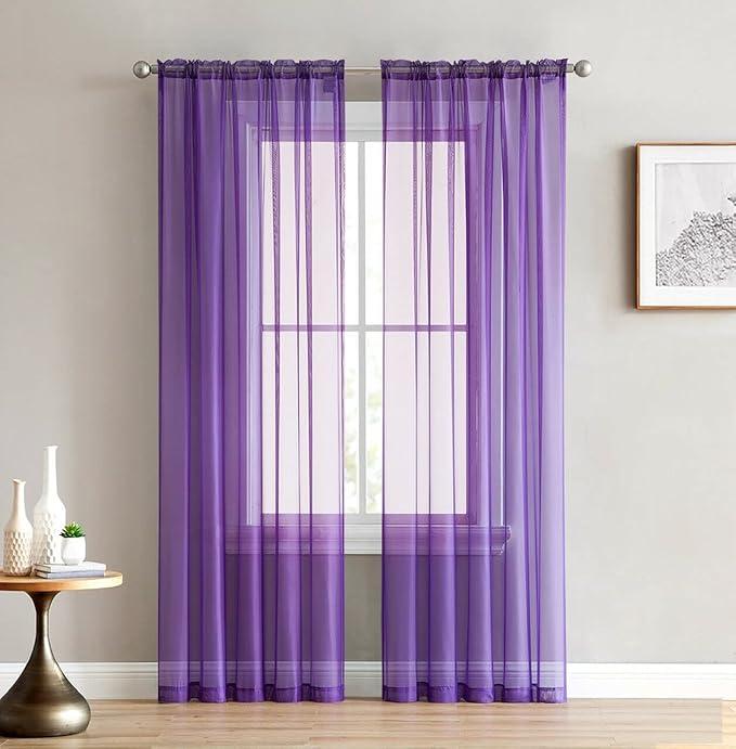 Empire Home Charli Solid Sheer Voile Window Curtain Panels Set of 2 (51x62, Purple)