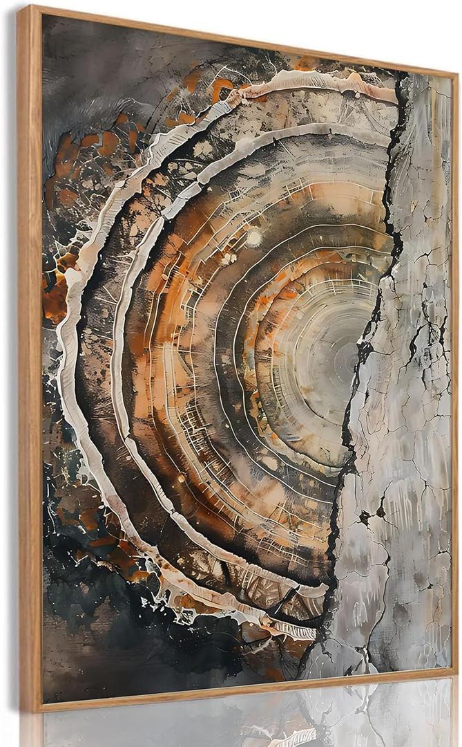 IBHJSART Framed Tree Ring Canvas Wall Art Vintage Colorful Wood Stump Painting Prints Modern Minimalist Pictures Neutral Nature Rustic Farmhouse Decor Living Room Bedroom Bathroom Office (24"x36" Natural)