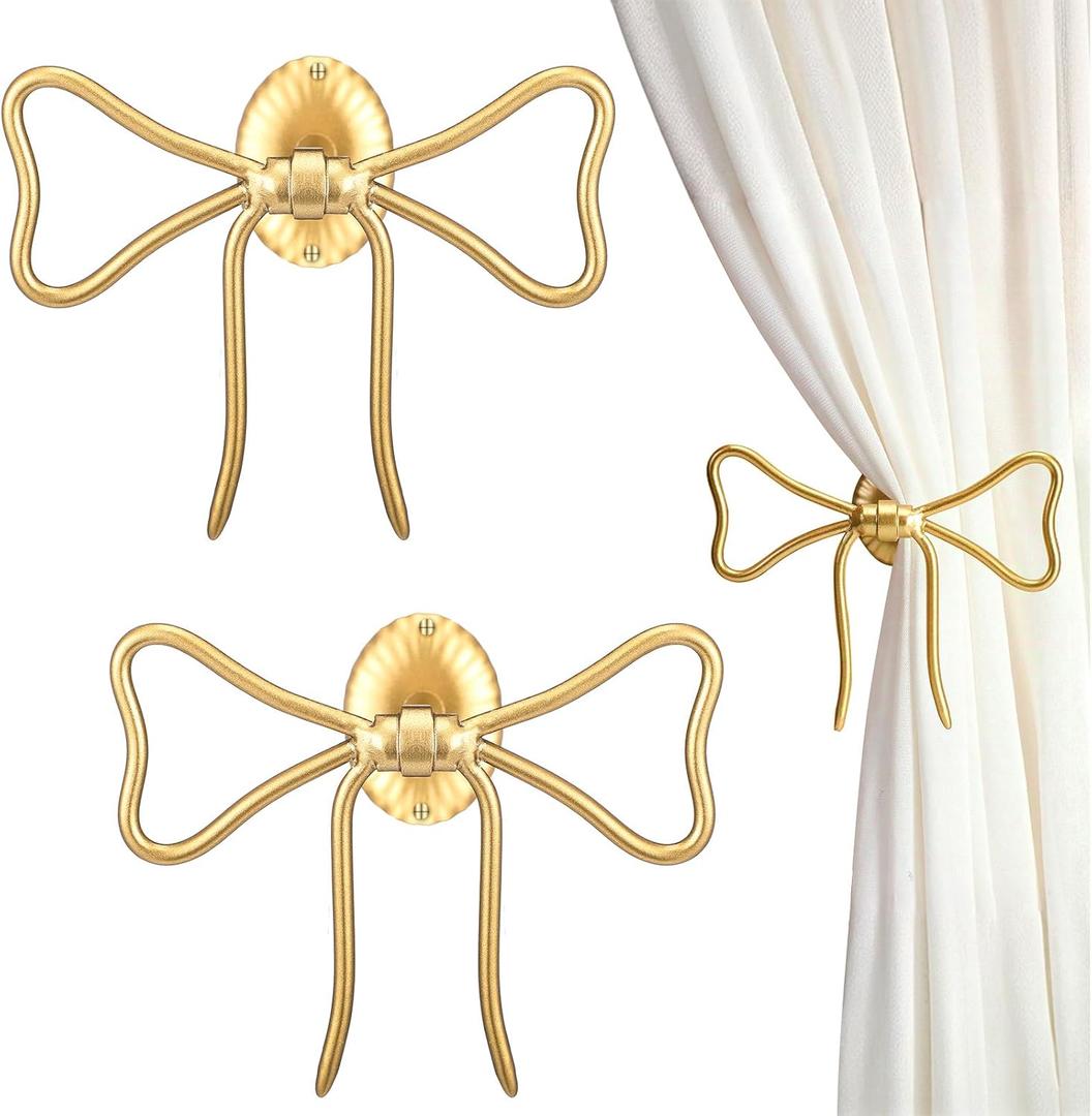 Kathfly 2 Pcs Bow Curtain Holdbacks Gold Metal Curtain Tiebacks Wall Mounted Bow Wall Hooks Pull Back Hooks Decoration for Office Bedroom Living Room Home Decorative