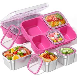 BiuLeon Snackle Box Containers, Stainless Steel 5 Compartments Divided Serving Tray with Lid, Removable LeakProof Portable Bento Box for Fruit Candy Nuts Food - School, Picnic and TravelPink