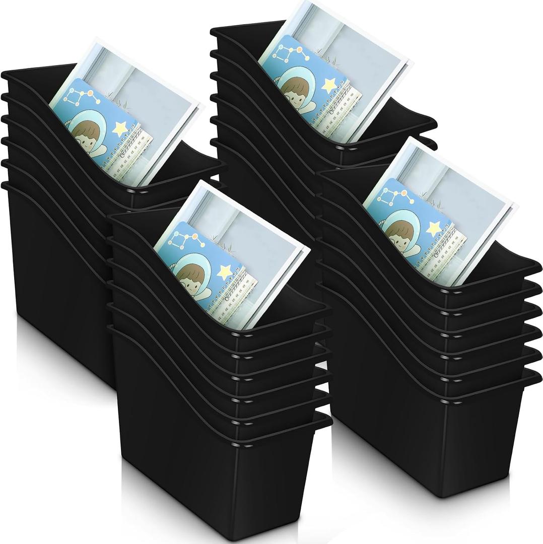 Fuutreo 12 Pieces Book Bins for Classroom Plastic Binder Holder Magazine Stuff Folder File Organizer Box for Home Office School Supplies(24 pcs,Black)
