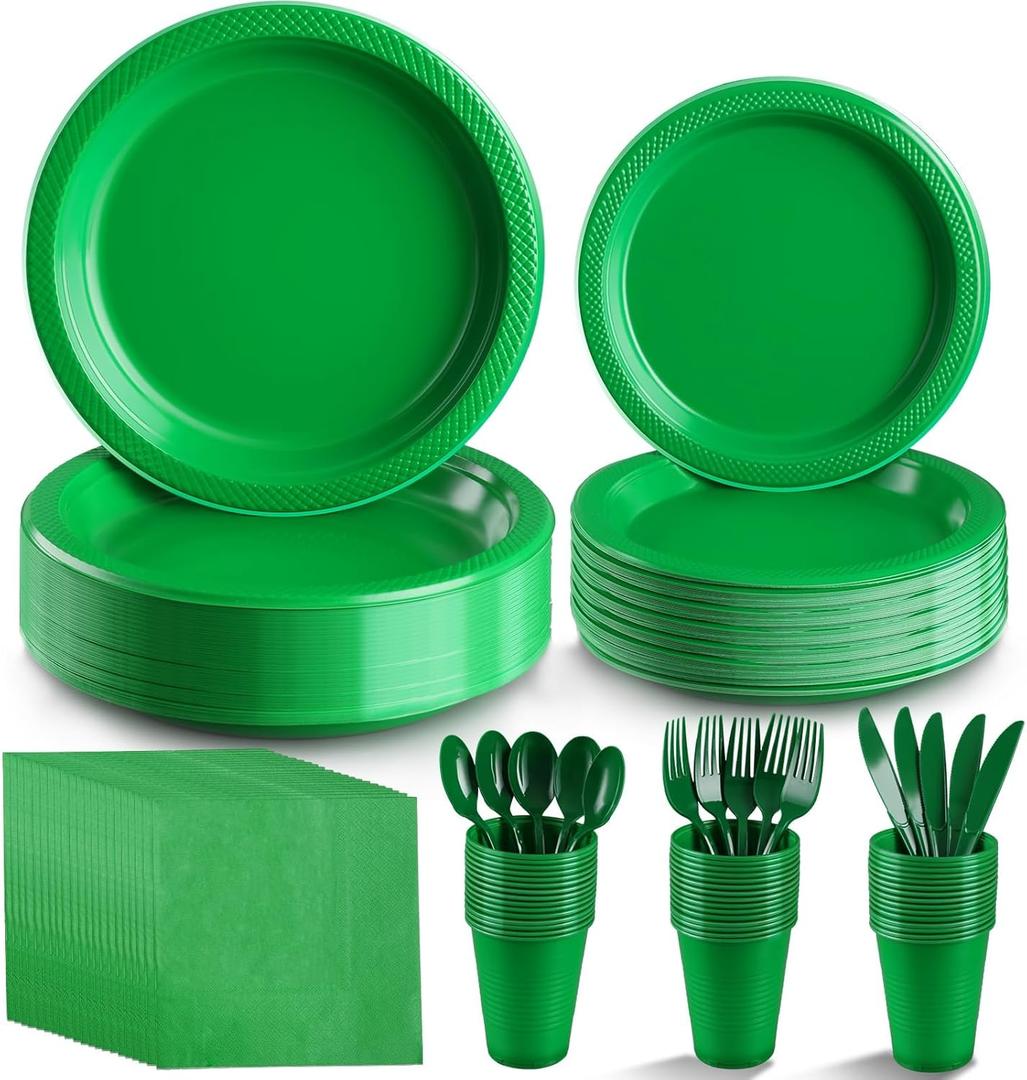 Green Party Supplies, Green Disposable Plates, including Green Plastic Plates and Napkins, Plastic Cutlery, and 12OZ Cups for Engagement, Wedding, Birthday St Patrick's Day, serving 25 Guests