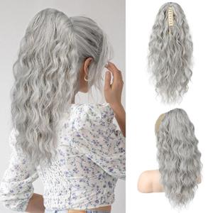 SEIKEA 18" Ponytail Extension Claw, PT002 Tia Long Multi Layered Hair Fluffy Thick Wavy Curly Clip in Hair Extensions Ponytail Natural Soft Synthetic Hairpiece for Women Silver Mist Grey