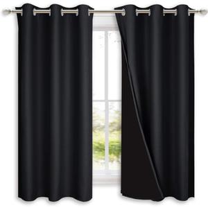 NICETOWN Complete 100% Blackout Curtain Set, Thermal Insulated & Energy Efficiency Window Draperies with Black Liner, Noise Reducing Short Curtains for Kids Room (Black, 42"W by 63"L, Double Panels)
