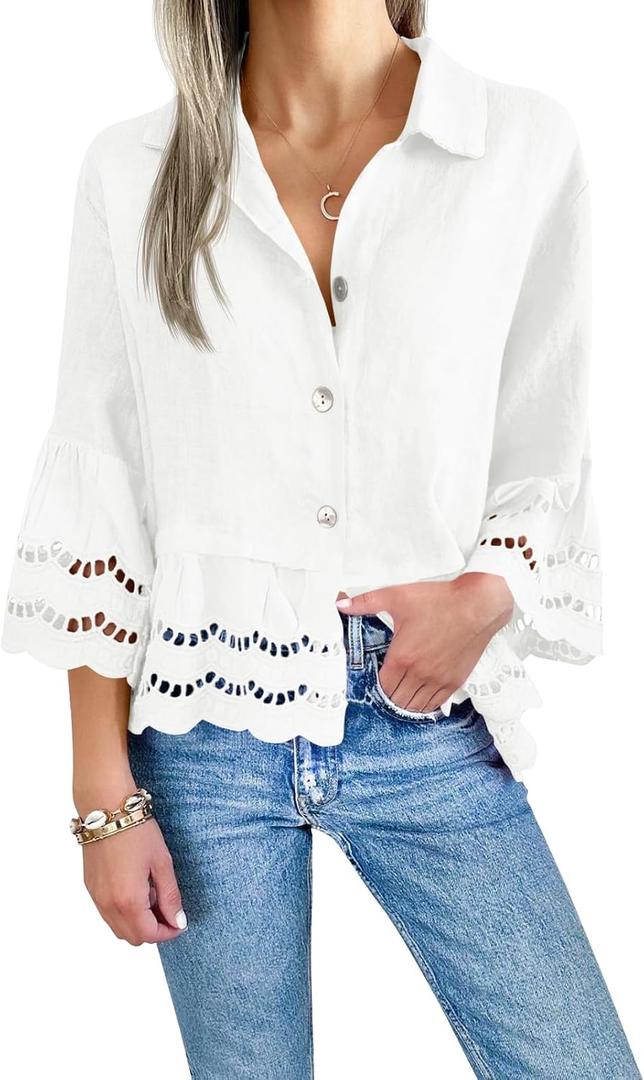 Cicy Bell Womens 3/4 Bell Sleeve Button Down Shirts Casual Ruffle Hem Tops Eyelet Blouse (Medium, White)