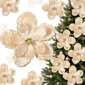 Suncalla 6 Pcs Large Christmas Glitter Flowers Velvet Christmas Magnolia Flowers 10 Inch Large Heads Artificial Poinsettia Picks Stems for Xmas Tree Ornaments Holiday Wedding Party Decor(Champagne)