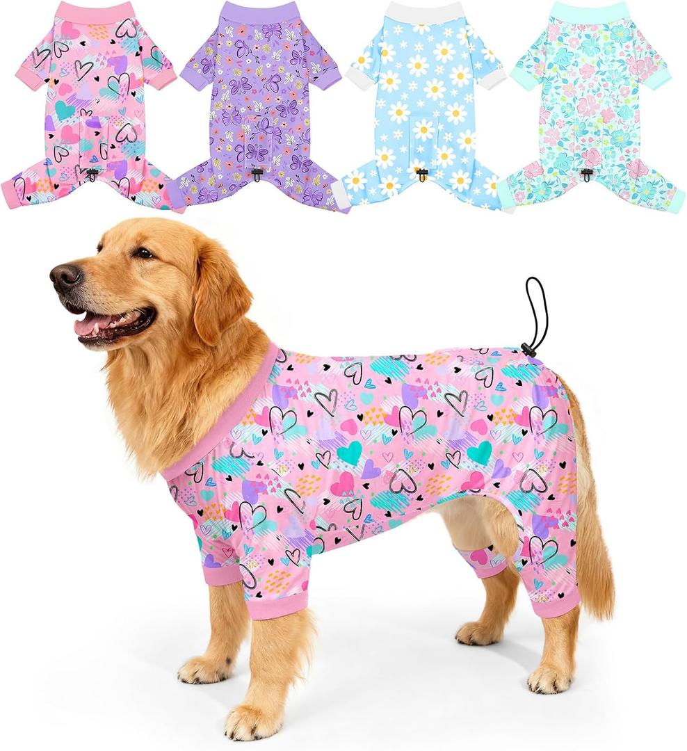 Bienbee Dog Pajamas, 4 Pack Dog Recovery Suit Shedding Suit Cute Soft Puppy Clothes Dogs Pjs Onesies Jammies Adjustable Breathable & Stretchy Clothes for Small Medium Large Dogs Girl Boy Puppy-2XL