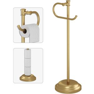 BESy Toilet Paper Holder Free Standing Bathroom Toilet Tissue Holder Stand for Floor Toilet Paper Roll Holder with Storage Hardware Accessories Rack Hand Towel Bar Brushed Gold Stainless Steel
