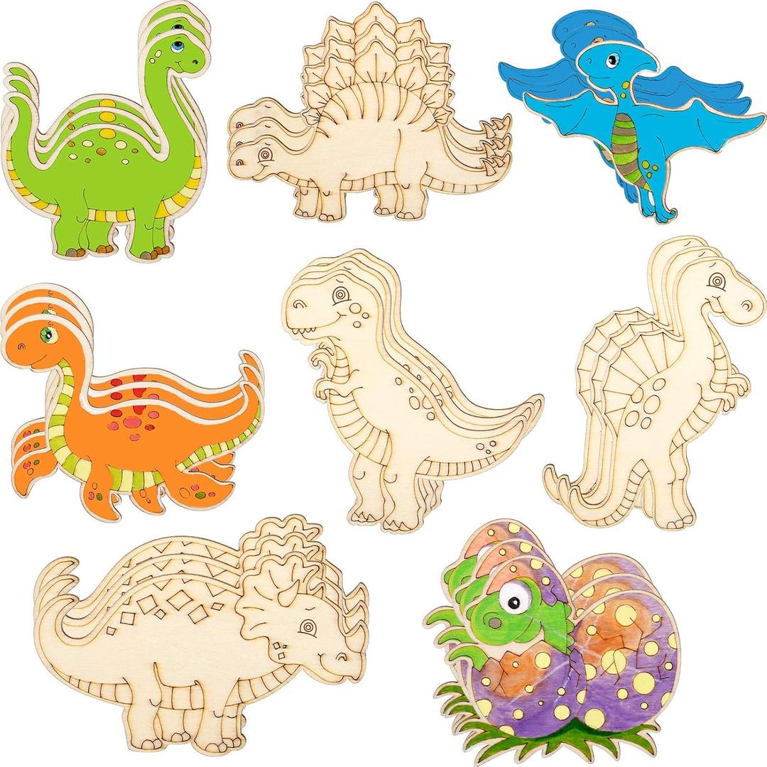 Jetec 24 Pieces Dinosaur Unfinished Wood Cutouts Animal Wooden Paint Crafts for Kids Dinosaur Birthday Party Supplies Home Decoration Ornament School Classroom DIY Craft Art Project Gifts, 8 Styles