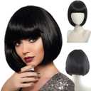 10Inch Black Wig with Bang Short Straight Hair Cosplay Bob Wig For Girls Women Theme Party (Black)