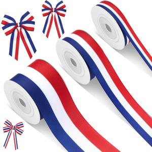 Cunno 1 Roll Red White and Blue Ribbon Patriotic Ribbon Decorating Material American Flag Striped Party Accessory for DIY Gift Wrapping, 4th of July Decorations, 0.4, 0.87, 1.5 Inch Wide, 15 Yard