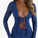 Women's Lace Tie Front Tops Mesh Ruffle Bow Long Sleeve See Through Blouse Shirt Dressy Casual 2025, Size M