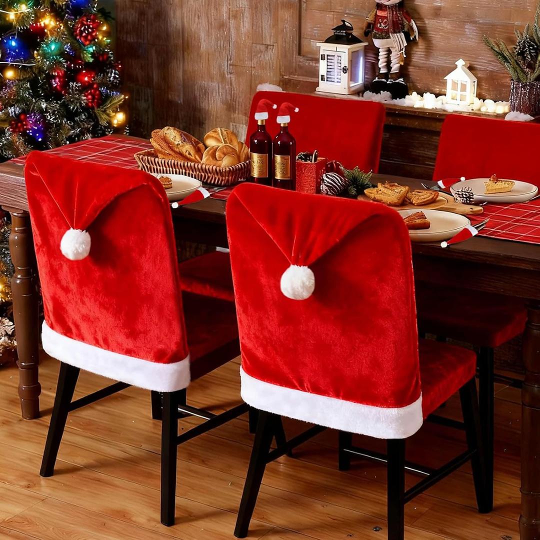 Christmas Chair Cover, Santa Hat Chair Covers with 6Pcs Silverware Holders Santa Chair Back Cover for Christmas Dinner Table Holiday Party Decoration