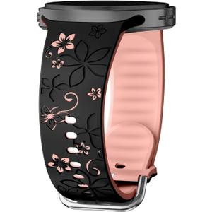 Flower Engraved Band Compatible for Samsung Galaxy Watch 8 Band 40mm 44mm/Watch 8 Classic 46mm Women,No Gap Silicone Cute Floral Strap Wristband Two-Tone Correa for Samsung Watch 8 Bands 40 44 mm (01-black pinksand)